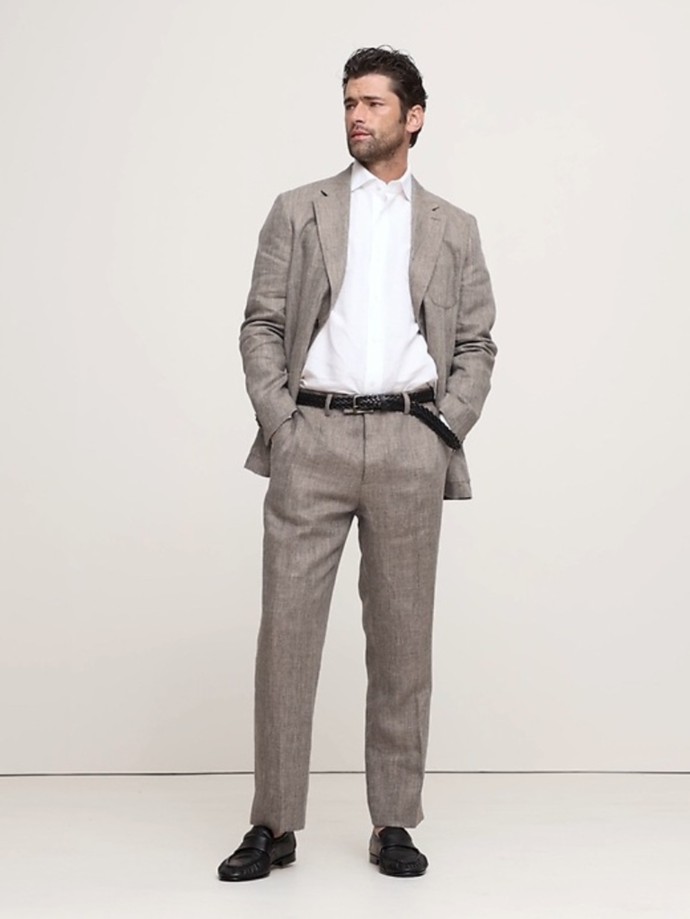 Banana Republic 100% Linen Herringbone Suit Pants 31x32 Grey Taupe Slim